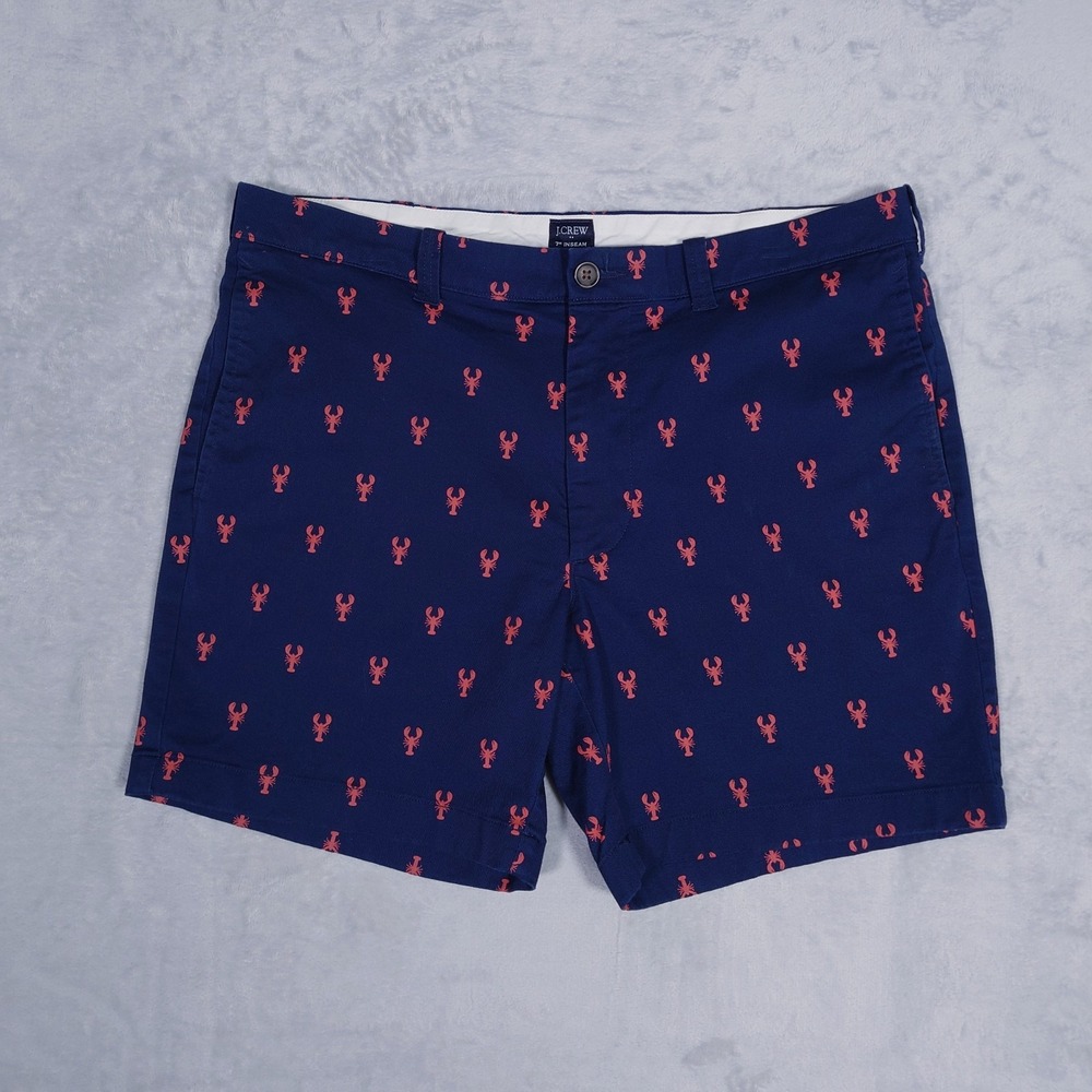 J Crew Mens 7 Inseam Chino Shorts 35 Navy Blue All Over Lobster Nautical Maine